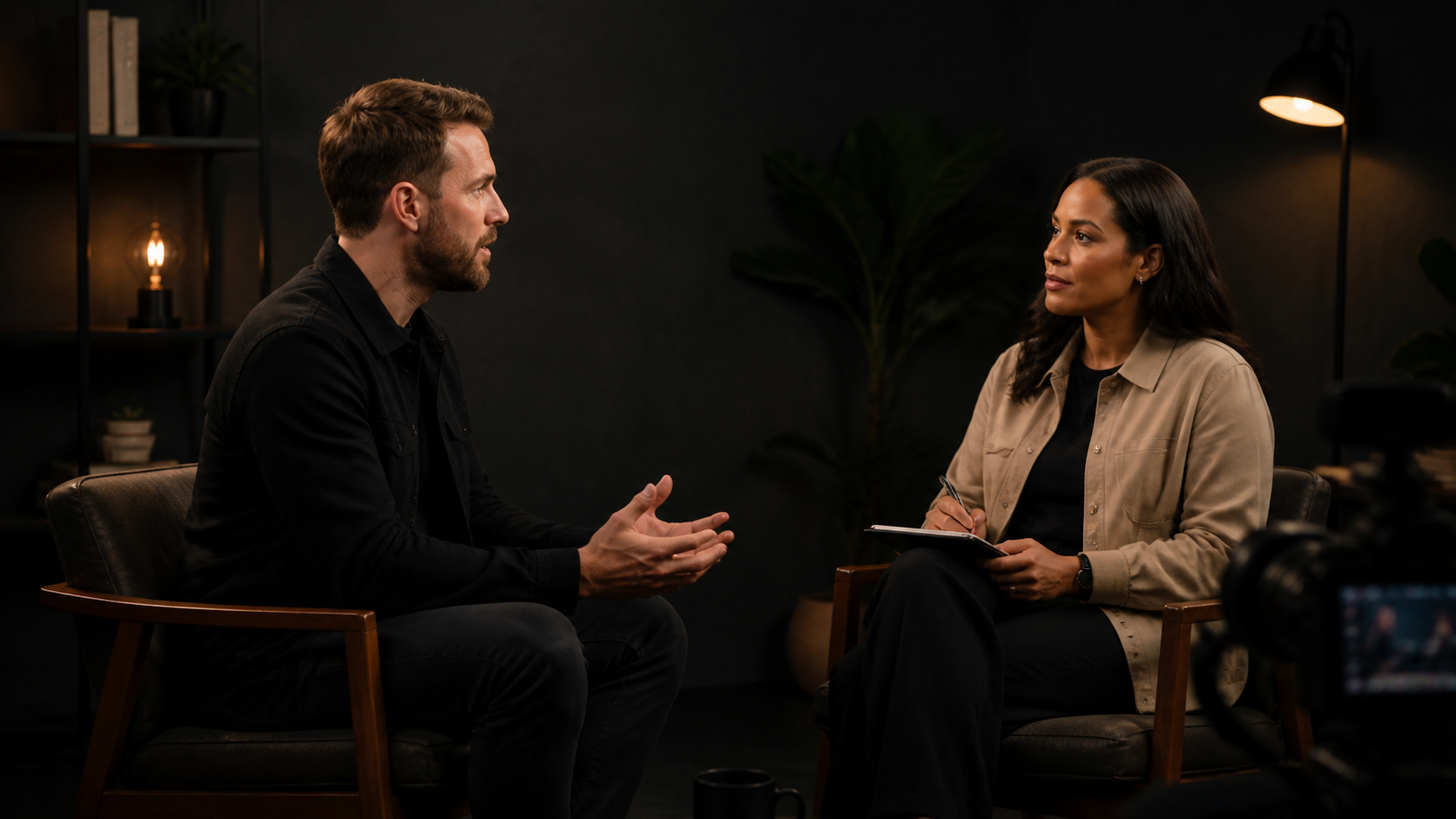 An interviewer and guest speaking in a dark professional studio