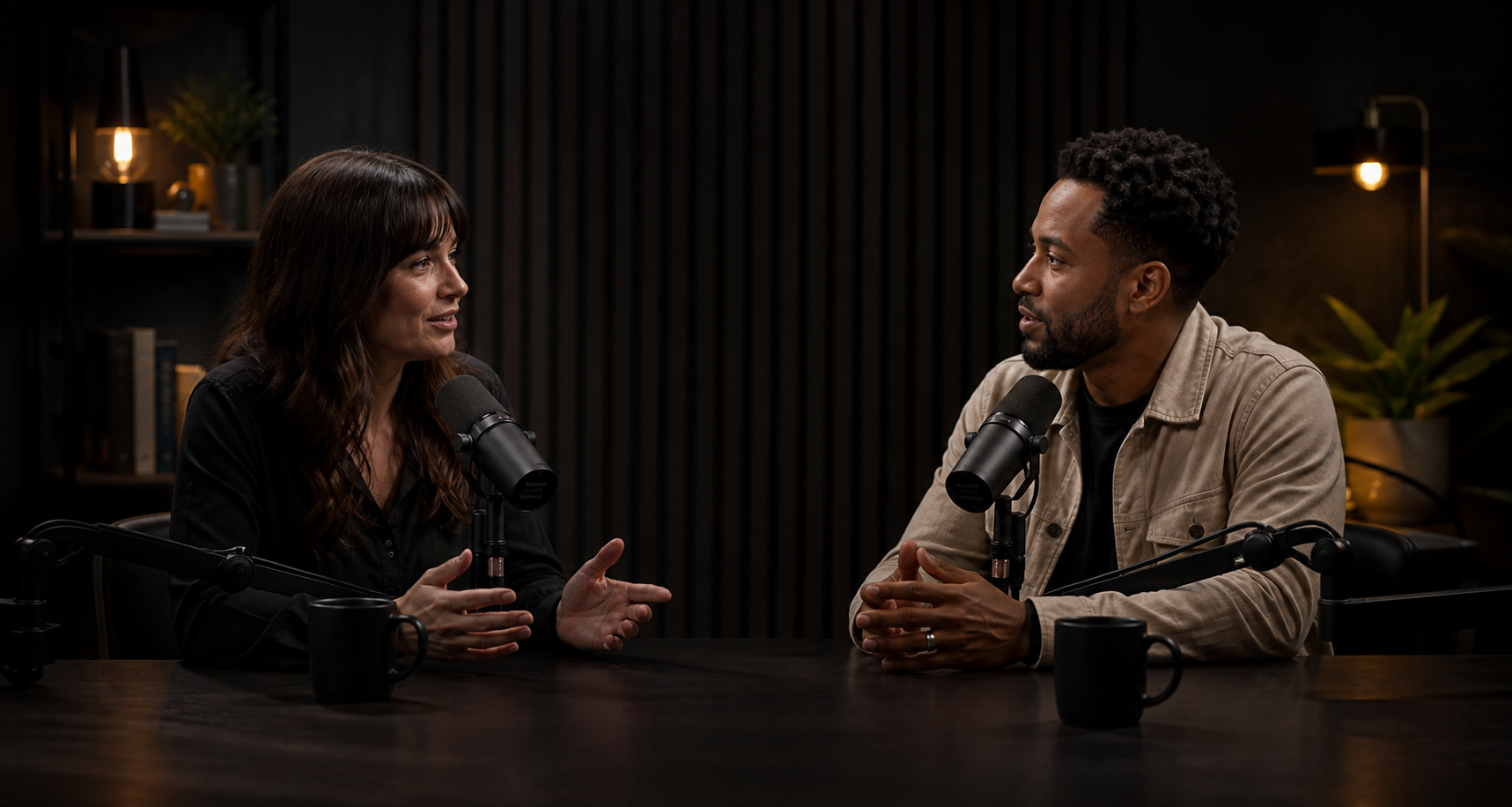 Two podcast hosts recording a conversation in a dark studio