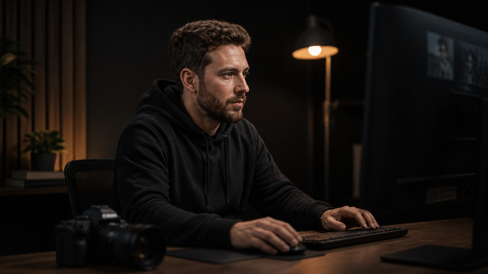 A YouTube creator reviewing footage in a cinematic editing studio